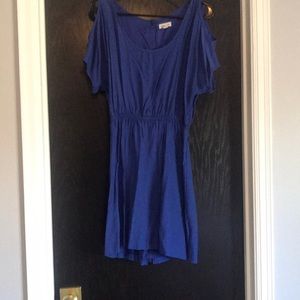 Dusty medium blue short sleeve open shoulder dress